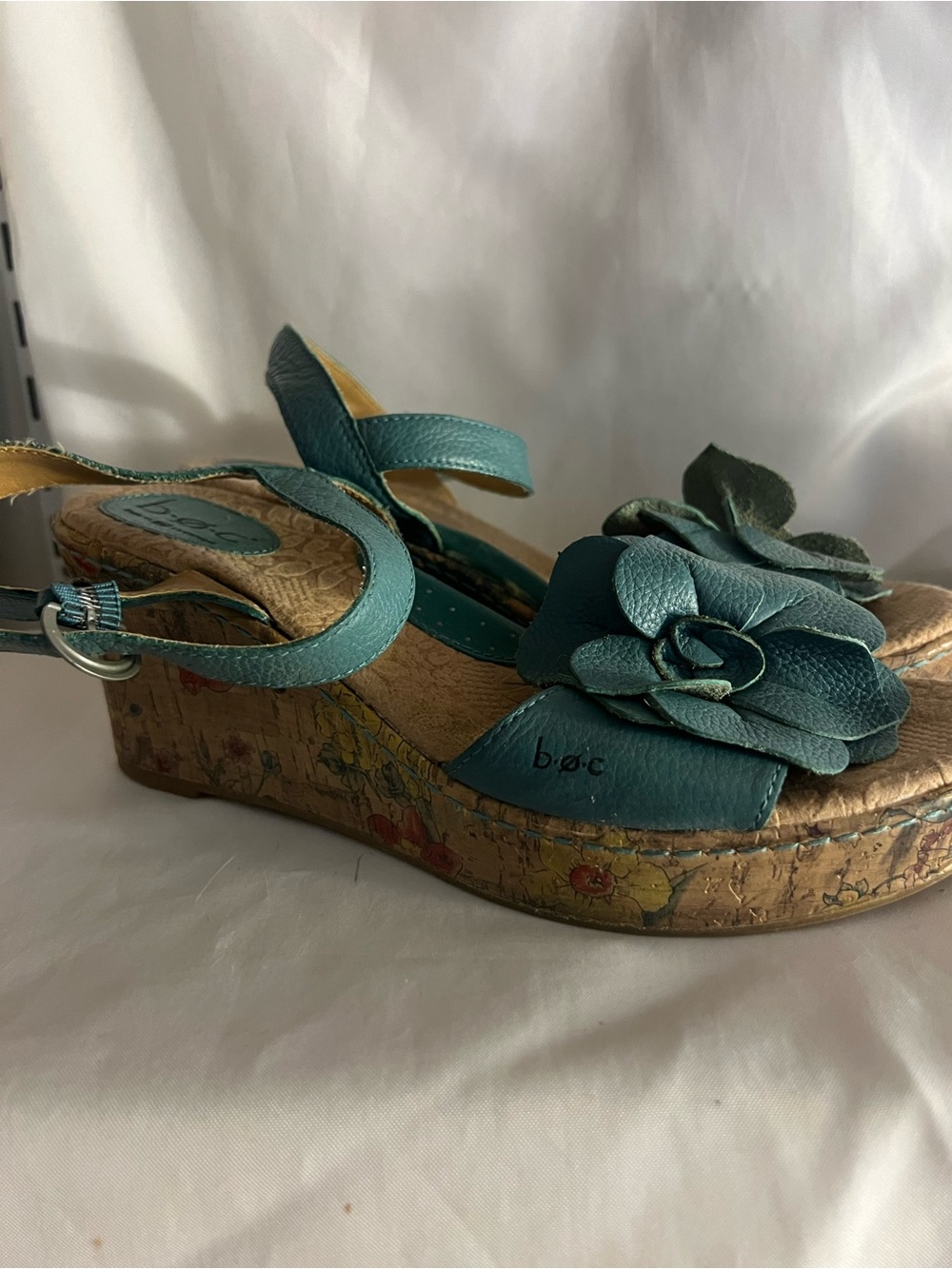 b.o.c. Teal Flower Cork Wedge Sandals